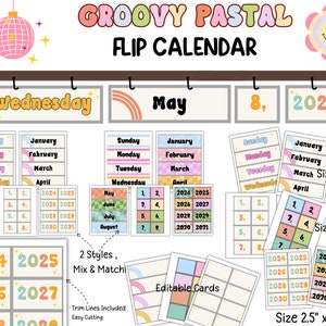Groovy Pastel Flip Calendar Cards | Editable Classroom Calendar Kit | Retro Daily Display for Teachers | Digital Download