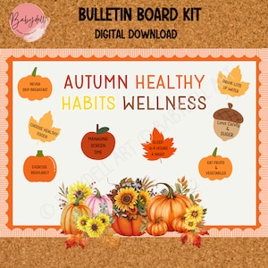 Healthy Habits Bulletin Board Kit for Fall, Autumn Wellness Decor, Printable Health Poster for Classroom & School Nurse Office