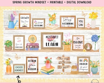 Spring Growth Mindset Bulletin Board Kit Classroom Decor with Plants Bookshelf Aesthetic