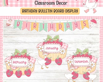 Strawberry Goose Classroom Birthday Display Bulletin Board Kit for Cute Cottagecore Decor