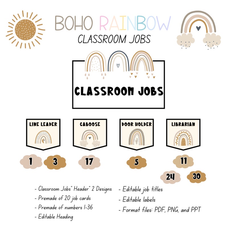 BOHO Rainbow Classroom Jobs Editable Rainbow Theme Functional and