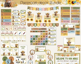 Highland Cow Classroom Decor Bundle Modern Farmhouse Theme Editable Printable Teacher Set