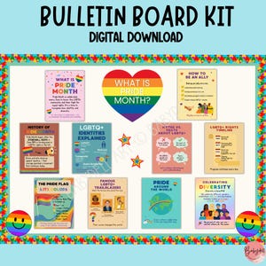 Kit de tablón de anuncios del Mes del Orgullo con carteles LGBTQ / Decoración inclusiva para aulas y puertas / Recursos imprimibles para docentes sobre el Orgullo