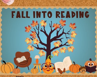 May include: Fall into Reading bulletin board kit with a tree, pumpkins, books, and a chair. The kit is editable and includes a variety of fall-themed elements.