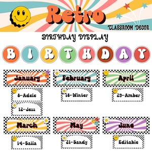 Groovy Pastel Birthday Bulletin Board | Editable Student Birthday Chart | Retro Classroom Decor | Digital Download