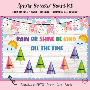 Kit de lluvias de abril, decoración de tablero de anuncios de bondad primaveral, etiquetas de nombre de paraguas editables