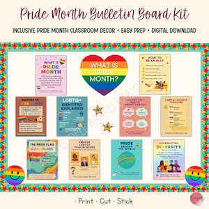 Puede incluir: Un kit de tablón de anuncios para el Mes del Orgullo con un gran corazón central de rayas arcoíris y el texto What Is Pride Month. A su alrededor hay diez carteles informativos con gráficos coloridos, texto e ilustraciones sobre la historia, identidades y derechos LGBTQ+, además de dos iconos de caras sonrientes arcoíris.