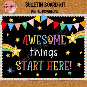 Op de afbeelding: Een zwart prikbord met een regenboogrand en een kleurrijk lint met sterren. De tekst "AWESOME things START HERE!" is geschreven in regenboogkleuren.