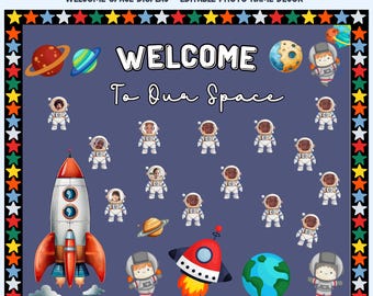 May include: A Back to School Bulletin Board Kit with a space theme. The design includes planets, rockets, astronauts, and the words "WELCOME To Our Space". The border is decorated with colorful stars.
