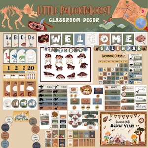 May include: A Little Paleontologist classroom decor set featuring dinosaur-themed educational posters, a welcome banner, a September 2025 calendar, birthday charts, job labels, name tags, and affirmation station signs with earth-toned illustrations.