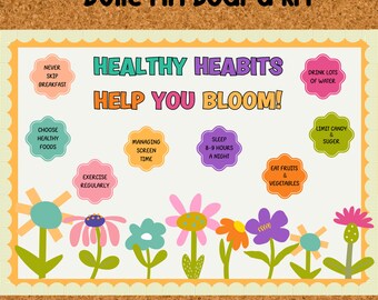 8 Healthy Habits Bulletin Board, Spring Bulletin Board, Health Motivational Bulletin Board Kit ,Classroom Decoration,Editable