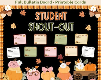 May include: A Fall and Thanksgiving bulletin board kit featuring printable cards with the text STUDENT SHOUT-OUT and GOOD HABITS. The design includes orange, pink, and yellow pumpkins, autumn leaves, acorns, and a wooden wagon graphic.
