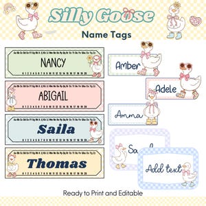 Peut inclure: Étiquettes de nom imprimables avec le texte "Silly Goose" et des noms comme "Nancy," "Abigail," et "Thomas." Chaque étiquette comprend une ligne de chiffres et est ornée d'oies de dessins animés.