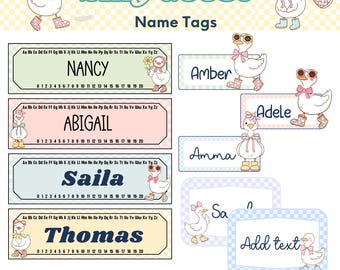 Może przedstawiać: Drukowane etykiety z imionami z tekstem "Silly Goose" i imionami takimi jak "Nancy", "Abigail" i "Thomas". Każda etykieta zawiera linię liczb i jest ozdobiona gęsiami z kreskówek.