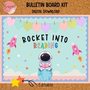 Pastel Space Bulletin Board Kit, Back to School Classroom Decor, Retro Rocket Door Display, Printable Teacher Resource, Outer Space Theme