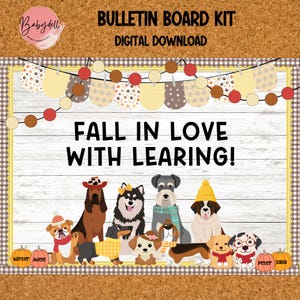 Tablón de anuncios de cachorros de otoño Enamórese del aprendizaje Kit de tablón de anuncios de septiembre Exhibición educativa de otoño Tablón de anuncios de otoño