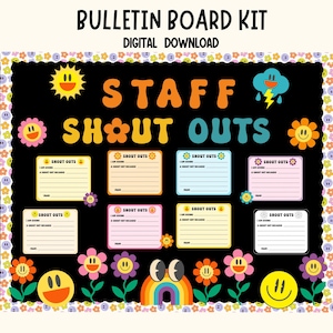 Kit de quadro de avisos Groovy Staff Shout Out | Mural de agradecimento a professores e funcionários | Cartões de reconhecimento de escritório para impressão