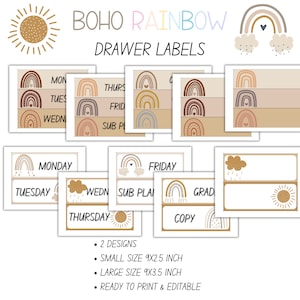Boho Etiketten | Bearbeitbar 10 Schubladen Organizer Tags | Calm Pastell Lehrer Wagen Dekor | Digitaler Download