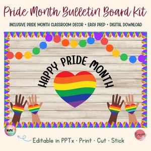 Könnte beinhalten: Ein Pride Month Pinnwand-Set mit Holzmaserung-Hintergrund, einem Regenbogenherz und bunter runder Wimpelkette. Der Text lautet Pride Month Bulletin Board Kit, Inclusive Pride Month Classroom Decor, Easy Prep, Digital Download, Happy Pride Month und Editable in PPTx, Print, Cut, Stick.