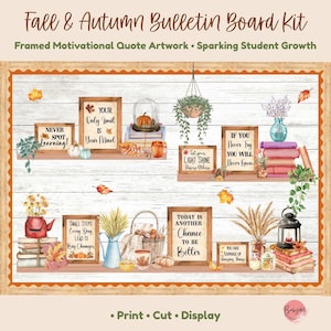 Puede incluir: Un kit de tablón de anuncios de otoño con citas motivacionales enmarcadas, ilustraciones en acuarela de calabazas, libros, plantas, linternas y cestas en estantes. El texto incluye "Your Only Limit Is Your Mind," "Never Stop Learning," "Let Your Light Shine," y "Today Is Another Chance To Be Better."