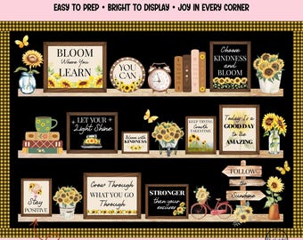 Sunflower Board Kit Farmhouse Motivational Bookshelf Spring Classroom Decor Editable Frames