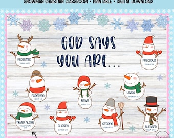 May include: A winter bulletin board kit with a snowman theme. The design features illustrated snowmen with various messages like "Redeemed" and "Precious." The text "God Says You Are" is prominently displayed. Includes snowflakes and the text "Print, Cut, Stick."