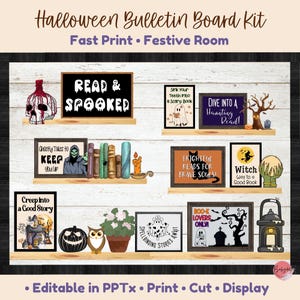 May include: A Halloween bulletin board kit featuring printable signs with text including Read & Spooked, Dive Into A Haunting Read, Frightful Reads For Brave Souls, and Creep Into A Good Story, alongside illustrations of ghosts, skulls, and pumpkins.