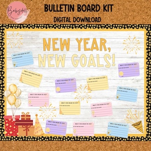 Kit de quadro de avisos para o Ano Novo | Decoração de sala de aula editável para definição de metas | Atividade de Ano Novo para professores para imprimir