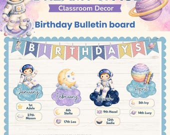 Space birthday board and dreamy galaxy classroom decor with editable astronaut student