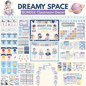 May include: A Dreamy Space classroom decor bundle featuring astronaut illustrations, planets, and educational elements. Includes calendars, affirmation station, birthday banners, and learning materials. The color palette is primarily blue, purple, and yellow.