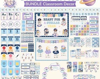 Pastel Space Decor Bundle for Editable Astronaut Classroom Setup