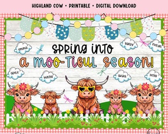 Highland Cow Bulletin Board Kit Spring Farmhouse Classroom Decor with Editable Name