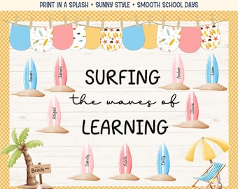 Bulletin board kit for summer with beach and surfboard classroom decor