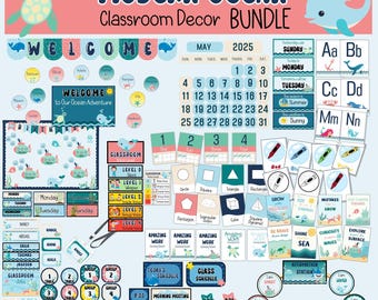Paquete de decoración para aulas oceánicas con temática submarina, tablero de anuncios imprimible