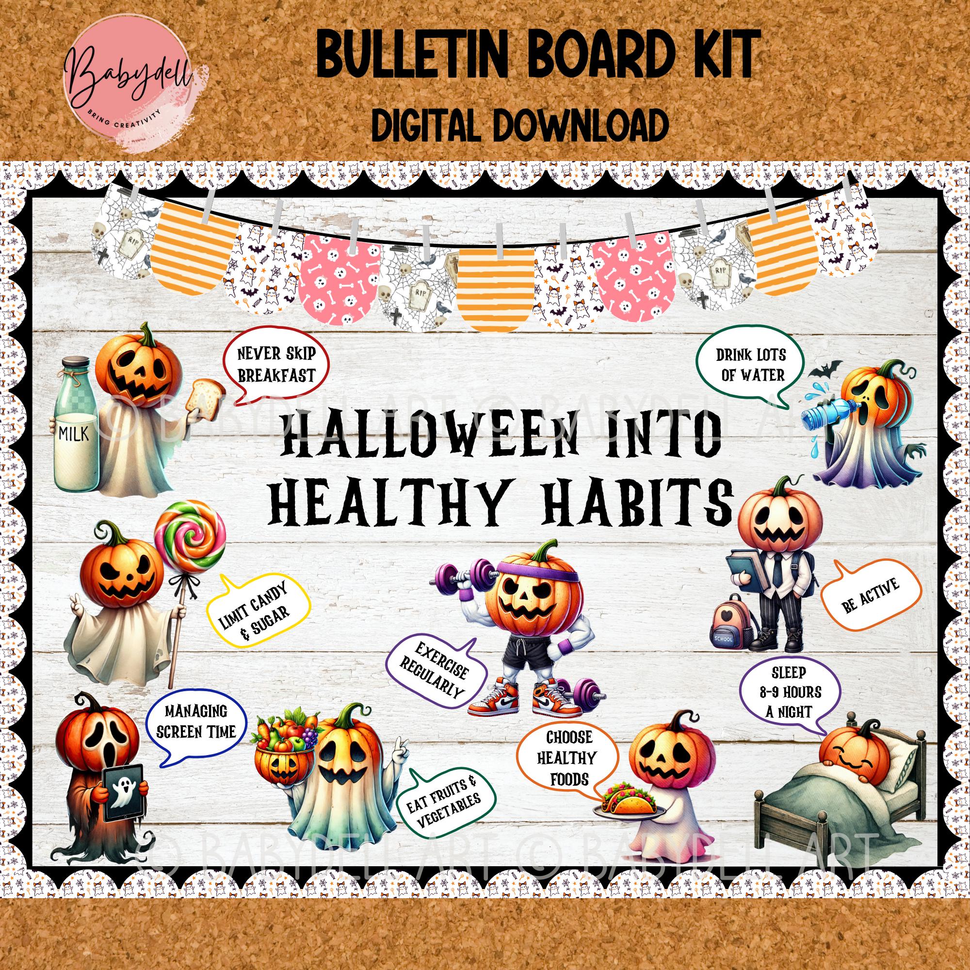 Fall Into Healthy Habits Bulletin Board Set - 72 Pumpkin & Leaf Cutouts For Health Education