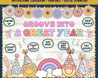 New Year Bulletin Board Kit, Groovy Classroom Decor & Goal Setting Activity