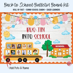 A cheerful classroom door display featuring the phrase Rolling Into A Great School Year. A printable yellow school bus is customized with smiling student photos in the windows, arranged with a bright sun, tree, and scalloped border.