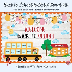 Close-up of the Bus-tin Into School printable lettering and school bus decor. The editable digital download allows teachers to add student photos and names to the bus windows, creating a welcoming classroom community display.