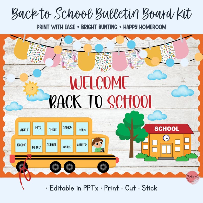 Close-up of the Bus-tin Into School printable lettering and school bus decor. The editable digital download allows teachers to add student photos and names to the bus windows, creating a welcoming classroom community display.