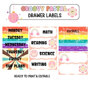 Groovy pastelkleurige winkelwagenlabels | Bewerkbare opberglabels voor 10 lades | Retro klaslokaal lerarenorganisatie | Digitale download