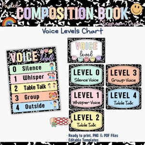 Editable Voice Level Chart, Retro Composition Book Decor, 90s Classroom Management Posters,Groovy Pastel Noise Level Signs,Teacher Printable