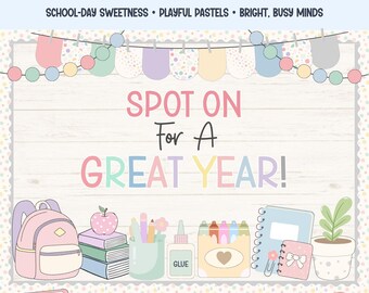 Back to school board kit with spotty pastel classroom decor and welcome display