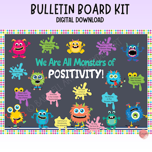 Könnte beinhalten: Ein digitales Bulletin Board Kit zum Herunterladen mit dem Text "BULLETIN BOARD KIT" und "DIGITAL DOWNLOAD". Das Board zeigt farbenfrohe Monster-Illustrationen mit positiven Botschaften.