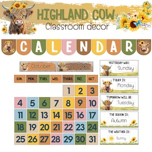 Highland Cow Classroom Calendar Set: Farmhouse Teacher Decor (Digital Download