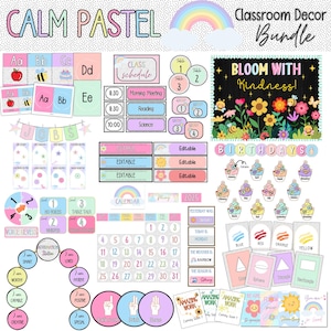 Paquete de decoración editable en tonos pastel para el aula / Kit imprimible moderno para profesores / Colores relajantes para aulas de primaria