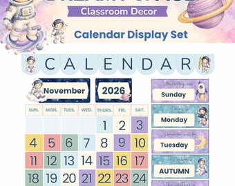Space calendar set and dreamy galaxy classroom decor with astronaut morning meeting board