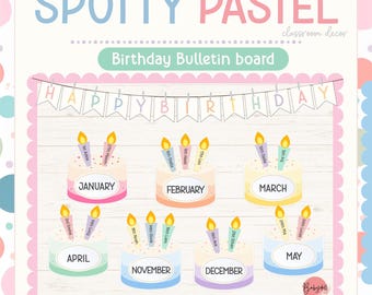 Birthday board kit spotty pastel classroom decor and editable cake display