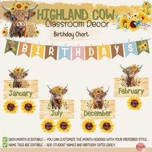 Peut inclure: Un ensemble de décoration de classe sur le thème de la vache Highland avec des illustrations aquarelles de vaches couronnées de tournesols. Comprend une bannière BIRTHDAYS, des étiquettes de mois et des étiquettes de nom modifiables.