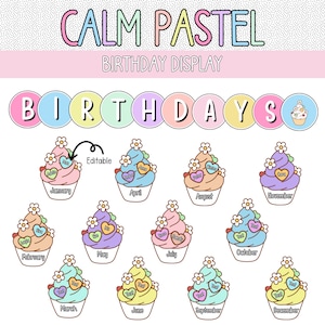 Calm Pastel Classroom Birthday Display | Editable Student Birthday Chart | Soft Neutral Teacher Decor | Digital Download