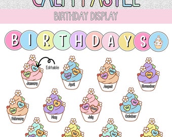 May include: A pastel-colored birthday display with cupcake illustrations for each month of the year. The cupcakes are decorated with flowers and hearts. The text "BIRTHDAYS" is displayed at the top of the chart.